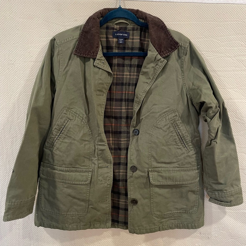 Lands' End Men's Olive Field Jacket with Dark Brown Collar